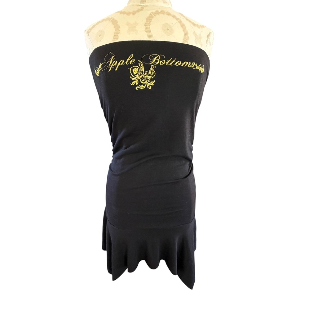 Apple Bottoms Tube Dress M Black Y2K Gold Logo Ruched Ruffle Strapless Baddie US